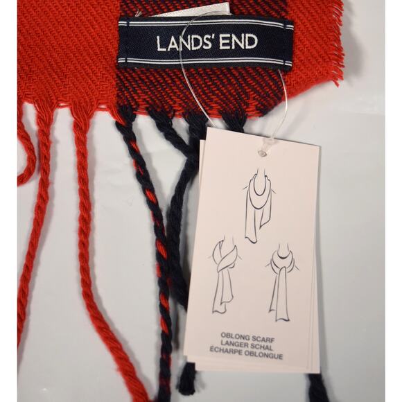 New Lands End Rectangle Winter Scarf Red & Black Check Acrylic Fringe 16" x 72" - Picture 6 of 7